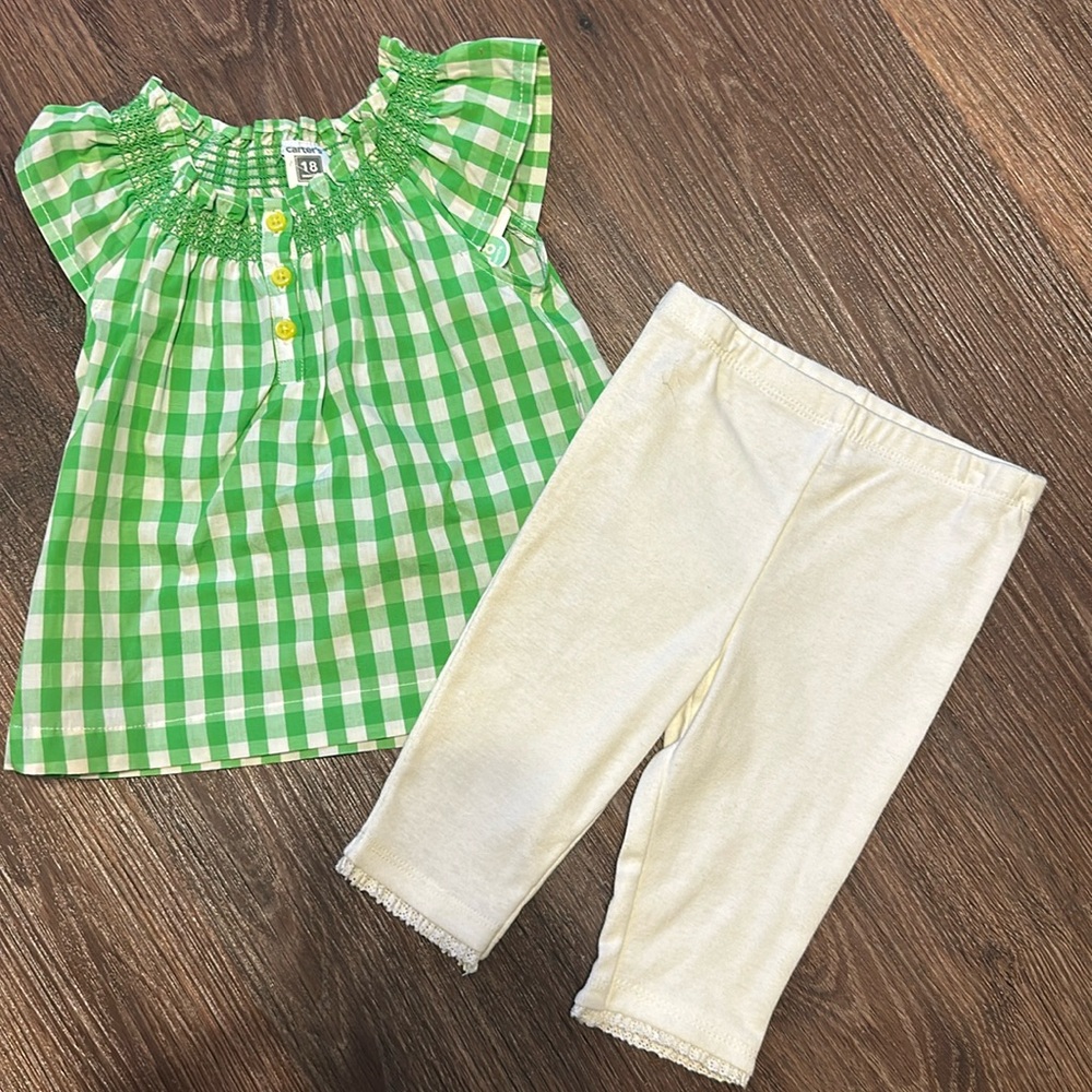 Carter’s Green and White Gingham top and cotton leggings. 18m